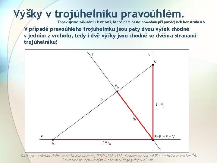 Výšky v trojúhelníku pravoúhlém. Zopakujeme základní vlastnosti, které nám často pomohou při pozdějších konstrukcích.