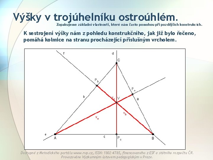 Výšky v trojúhelníku ostroúhlém. Zopakujeme základní vlastnosti, které nám často pomohou při pozdějších konstrukcích.