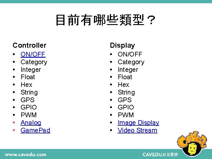 目前有哪些類型？ Controller • ON/OFF • Category • Integer • Float • Hex • String