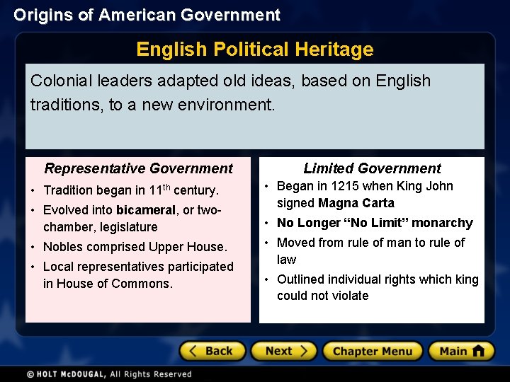 Origins of American Government English Political Heritage Colonial leaders adapted old ideas, based on