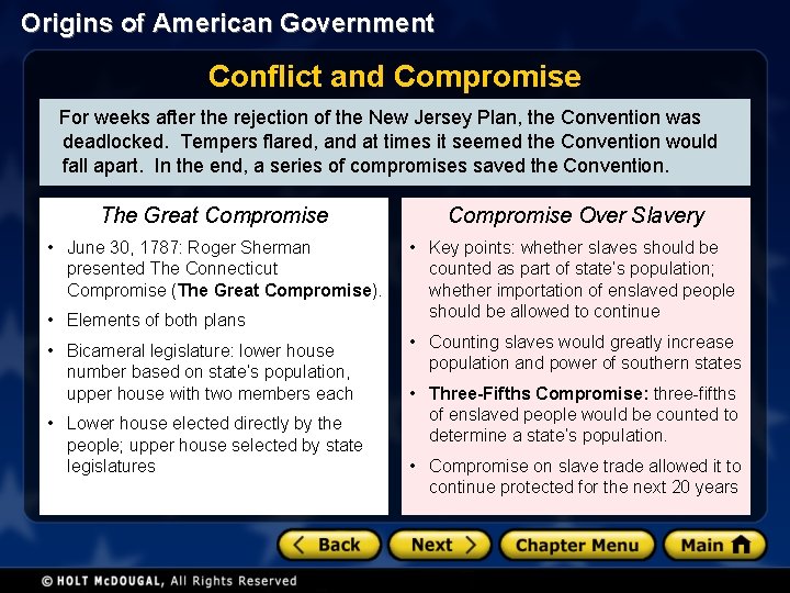 Origins of American Government Conflict and Compromise For weeks after the rejection of the