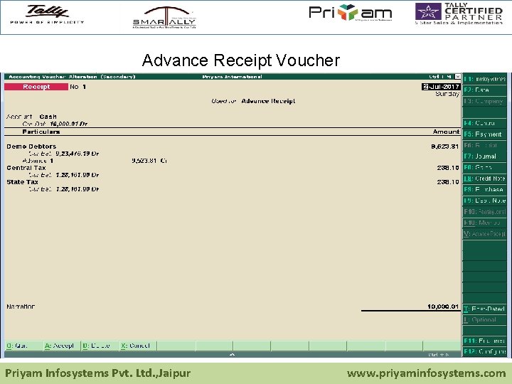 Advance Receipt Voucher Priyam Infosystems Pvt. Ltd. , Jaipur www. priyaminfosystems. com 