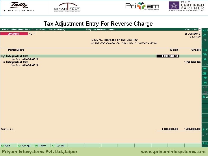 Tax Adjustment Entry For Reverse Charge Priyam Infosystems Pvt. Ltd. , Jaipur www. priyaminfosystems.