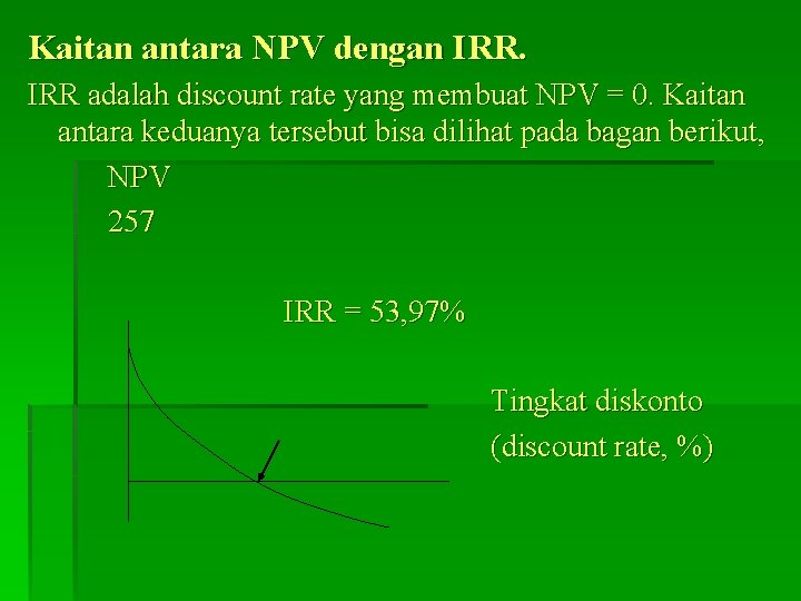 Kaitan antara NPV dengan IRR adalah discount rate yang membuat NPV = 0. Kaitan Kaitan antara NPV dengan IRR adalah discount rate yang membuat NPV = 0. Kaitan