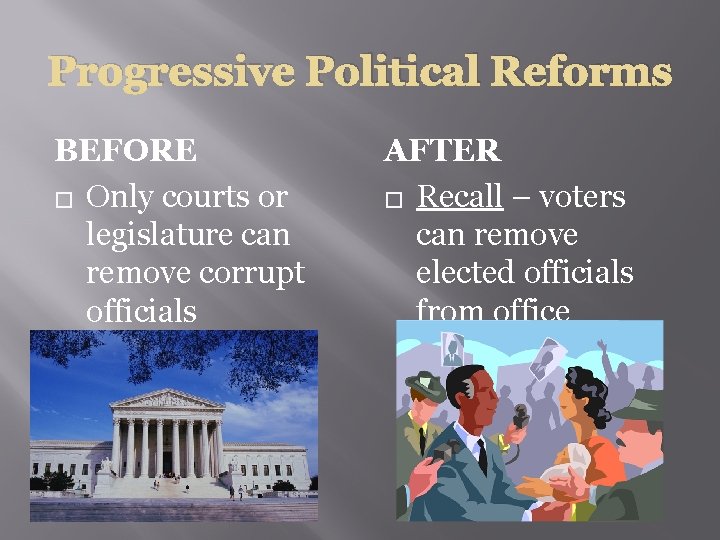 Progressive Political Reforms BEFORE � Only courts or legislature can remove corrupt officials AFTER