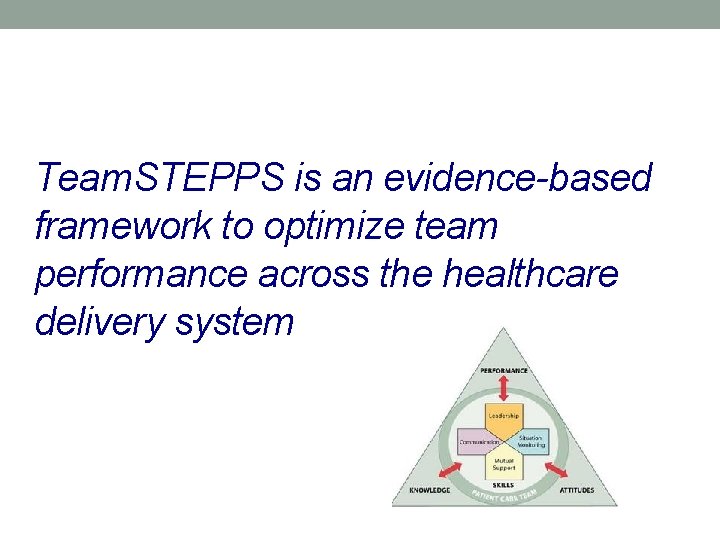 Team. STEPPS is an evidence-based framework to optimize team performance across the healthcare delivery