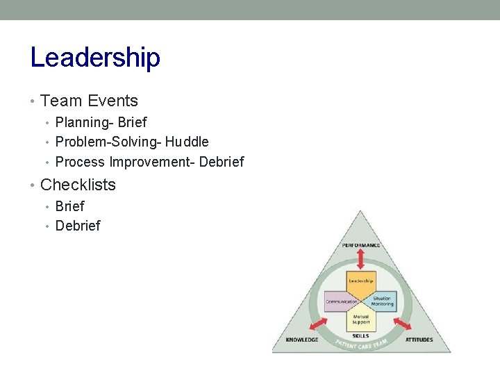 Leadership • Team Events • Planning- Brief • Problem-Solving- Huddle • Process Improvement- Debrief
