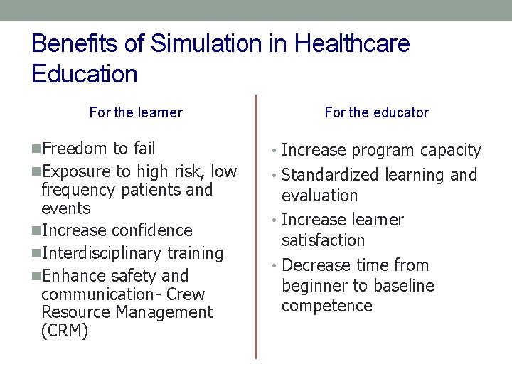 Benefits of Simulation in Healthcare Education For the learner For the educator n. Freedom
