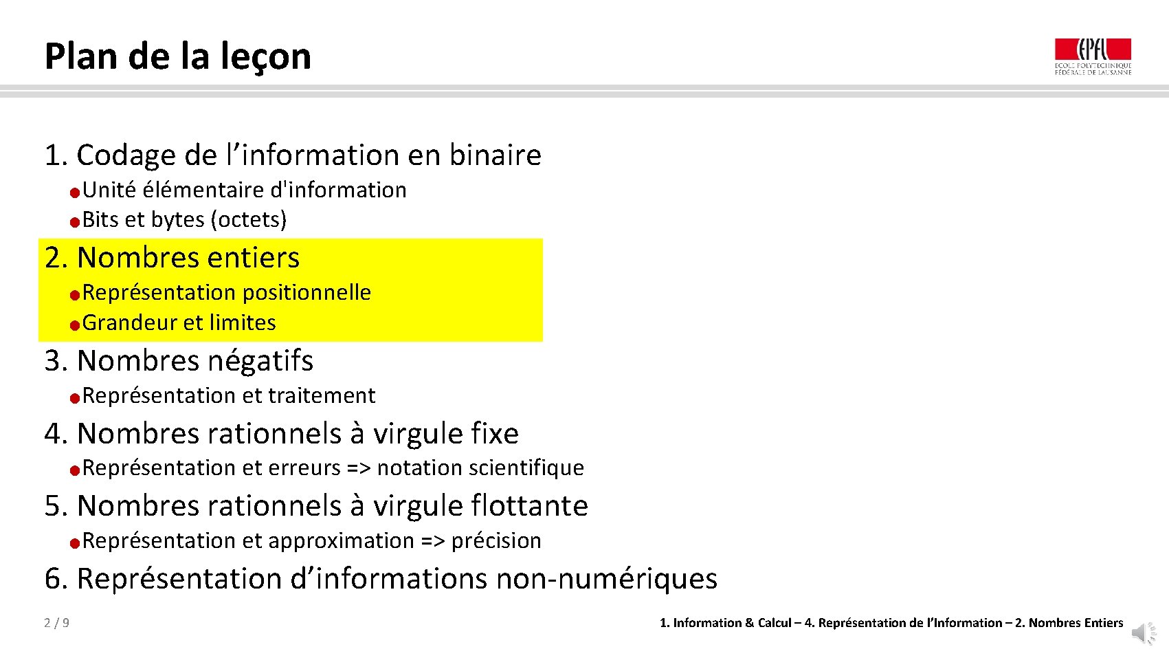 Plan de la leçon 1. Codage de l’information en binaire Unité élémentaire d'information ●Bits