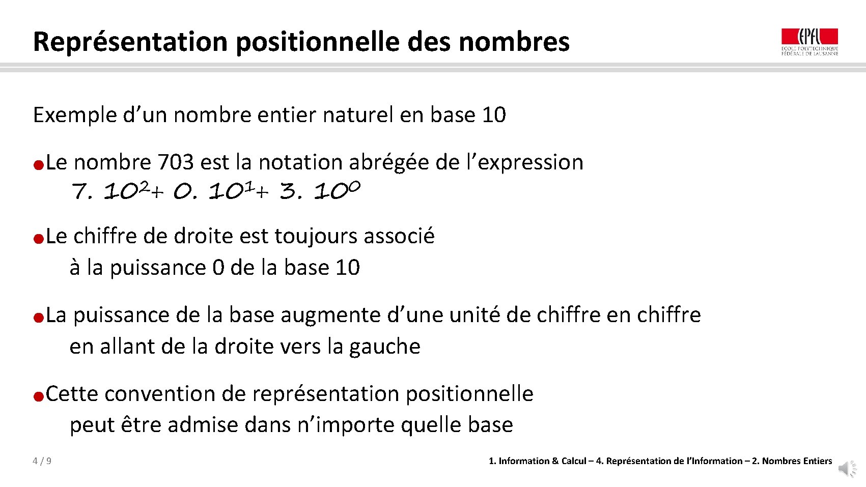 Représentation positionnelle des nombres Exemple d’un nombre entier naturel en base 10 Le nombre