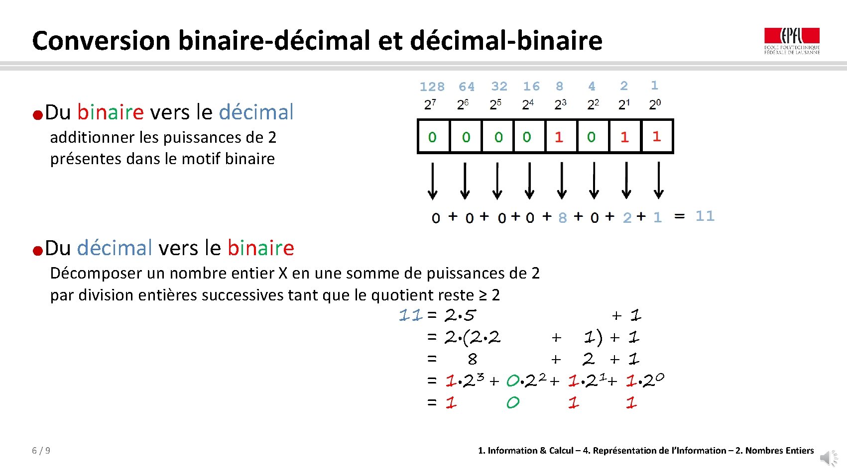 Conversion binaire-décimal et décimal-binaire Du binaire vers le décimal ● additionner les puissances de