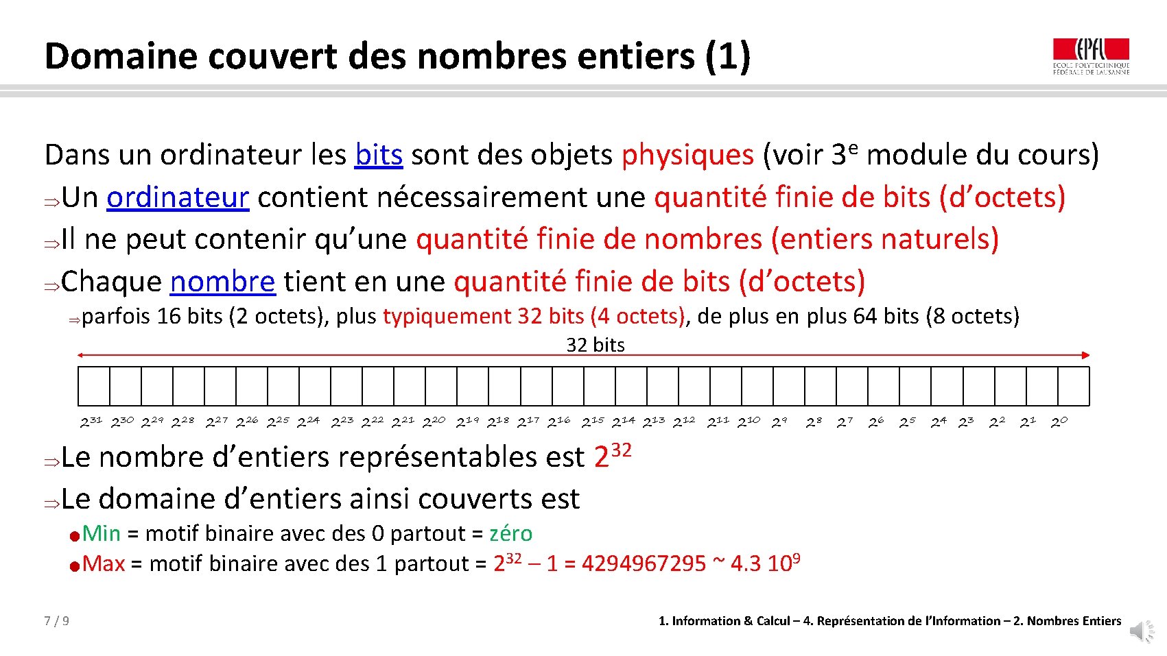 Domaine couvert des nombres entiers (1) Dans un ordinateur les bits sont des objets