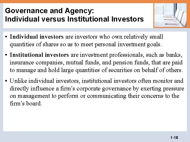 Governance and Agency: Individual versus Institutional Investors • Individual investors are investors who own