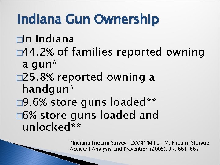 Indiana Gun Ownership �In Indiana � 44. 2% of families reported owning a gun*