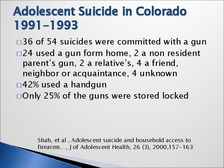 Adolescent Suicide in Colorado 1991 -1993 � 36 of 54 suicides were committed with