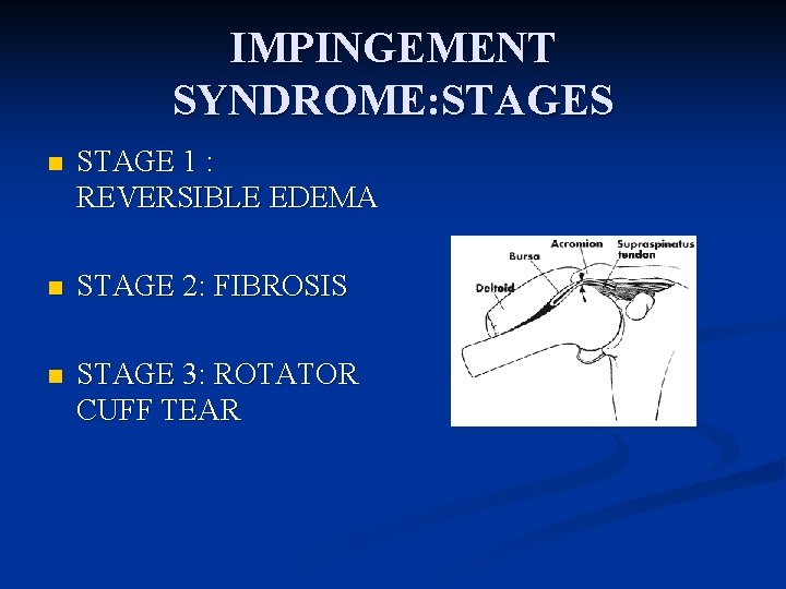 IMPINGEMENT SYNDROME: STAGES n STAGE 1 : REVERSIBLE EDEMA n STAGE 2: FIBROSIS n