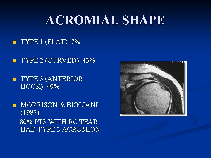 ACROMIAL SHAPE n TYPE 1 (FLAT)17% n TYPE 2 (CURVED) 43% n TYPE 3