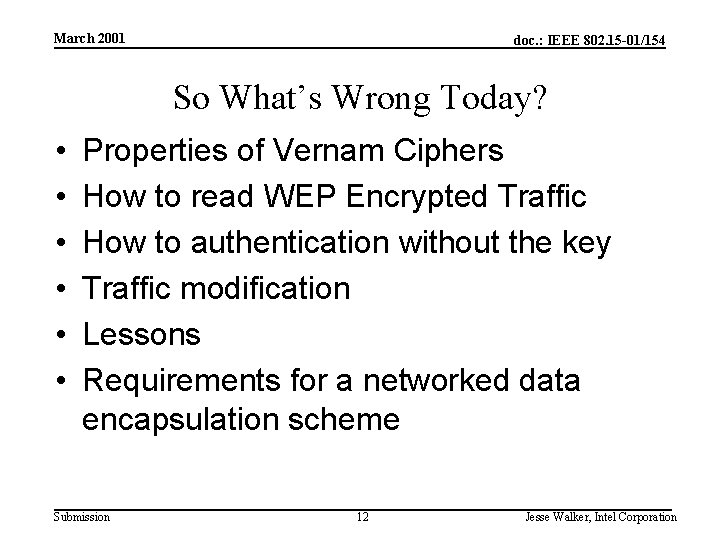 March 2001 doc. : IEEE 802. 15 -01/154 So What’s Wrong Today? • •