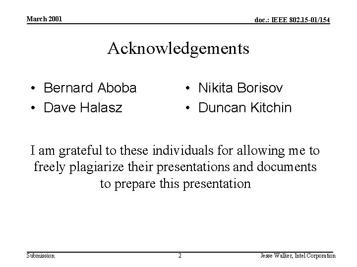 March 2001 doc. : IEEE 802. 15 -01/154 Acknowledgements • Bernard Aboba • Dave