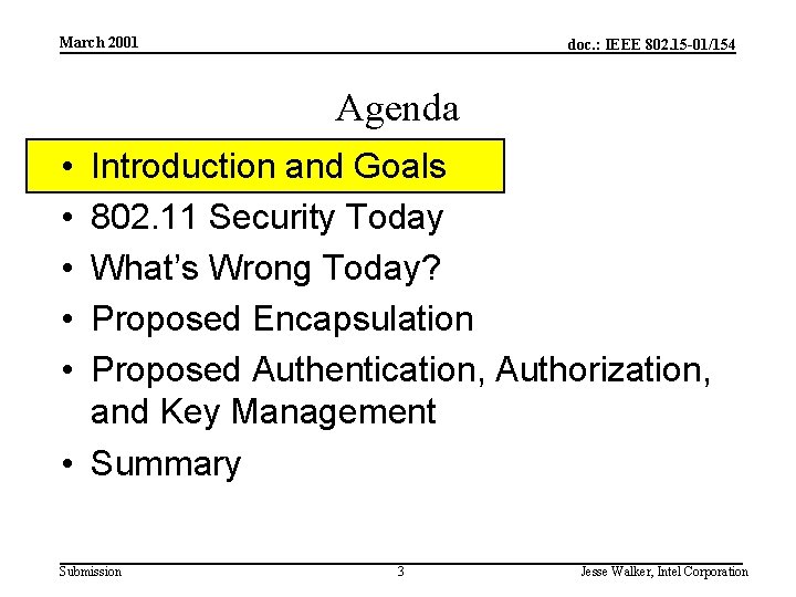 March 2001 doc. : IEEE 802. 15 -01/154 Agenda • • • Introduction and