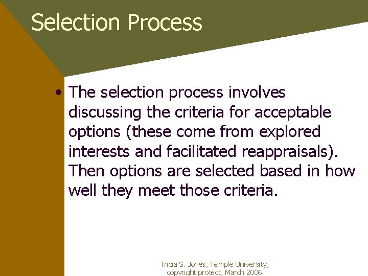 Selection Process • The selection process involves discussing the criteria for acceptable options (these