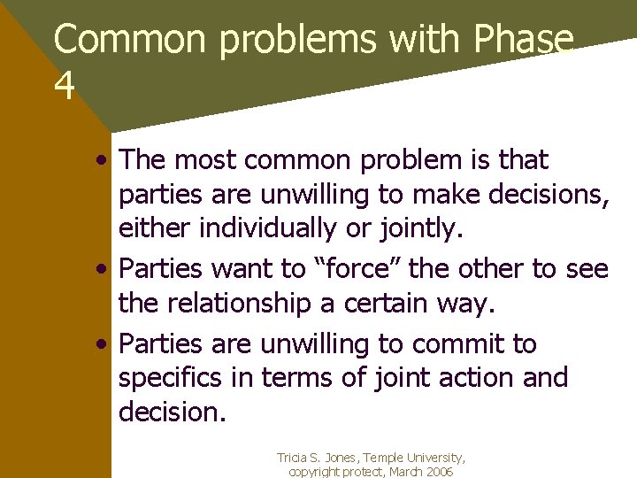 Common problems with Phase 4 • The most common problem is that parties are