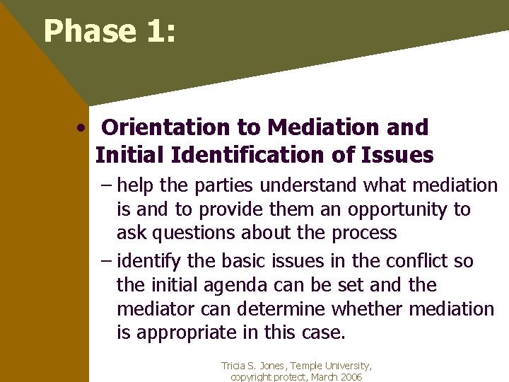 Phase 1: • Orientation to Mediation and Initial Identification of Issues – help the