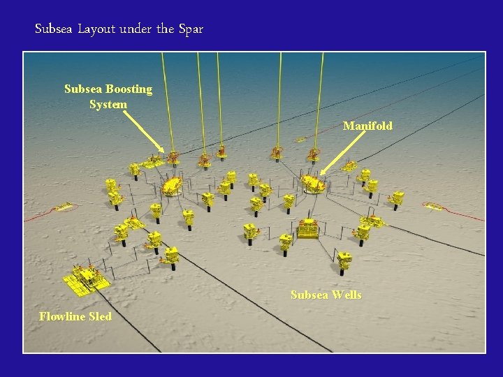 Subsea Layout under the Spar Subsea Boosting System Manifold Subsea Wells Flowline Sled 