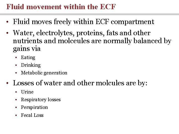 Fluid movement within the ECF • Fluid moves freely within ECF compartment • Water,