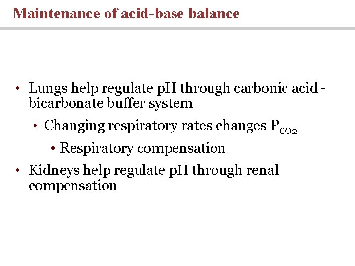 Maintenance of acid-base balance • Lungs help regulate p. H through carbonic acid bicarbonate