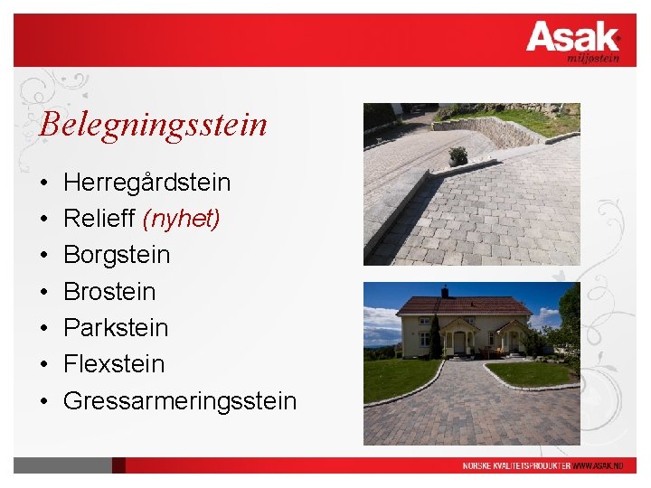 Belegningsstein • • Herregårdstein Relieff (nyhet) Borgstein Brostein Parkstein Flexstein Gressarmeringsstein 