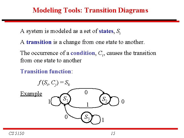 Modeling Tools: Transition Diagrams A system is modeled as a set of states, Si