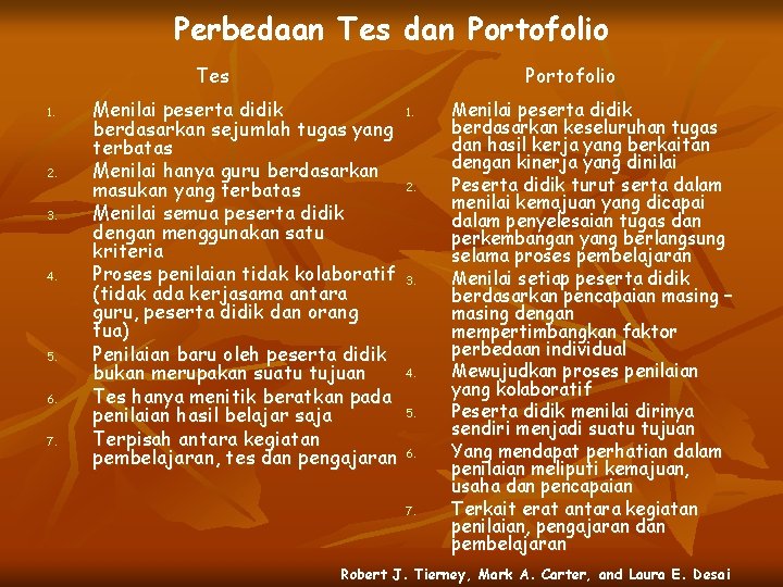 Perbedaan Tes dan Portofolio Tes 1. 2. 3. 4. 5. 6. 7. Portofolio Menilai