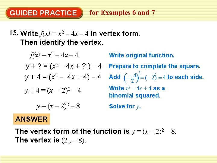 Example 6 Write A Quadratic Function In Vertex