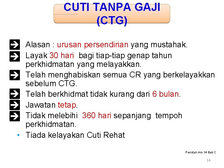 CUTI TANPA GAJI (CTG) Alasan : urusan persendirian yang mustahak. Layak 30 hari bagi