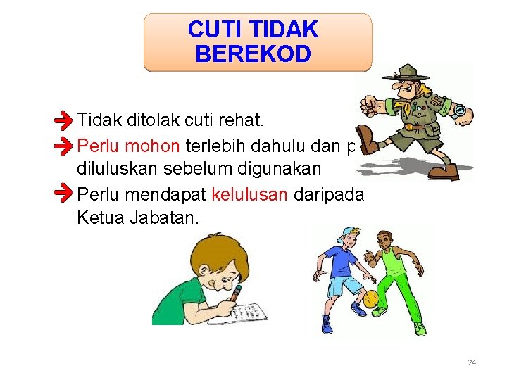 CUTI TIDAK BEREKOD Tidak ditolak cuti rehat. Perlu mohon terlebih dahulu dan perlu diluluskan