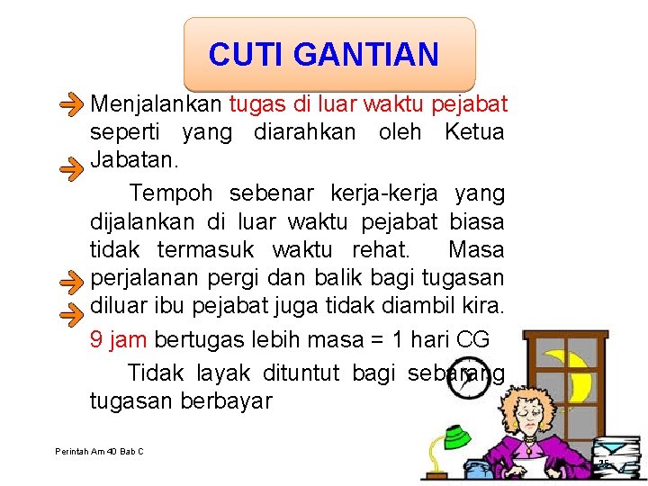 CUTI GANTIAN Menjalankan tugas di luar waktu pejabat seperti yang diarahkan oleh Ketua Jabatan.