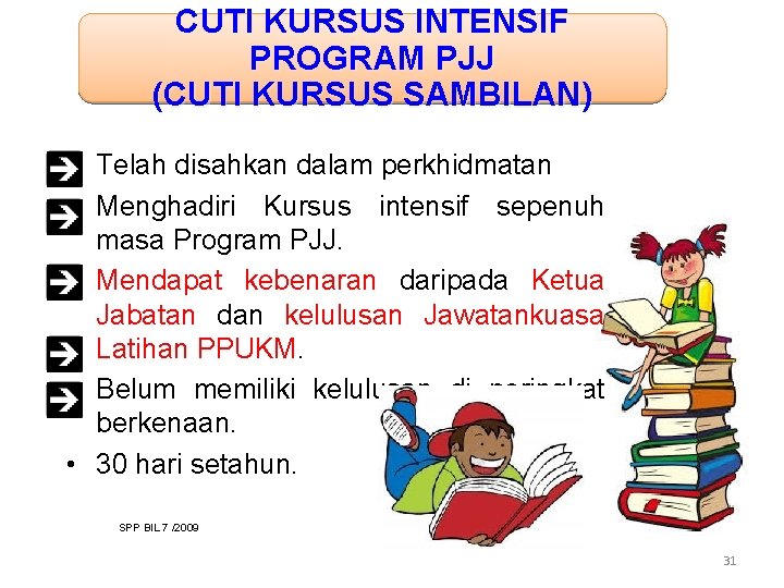 CUTI KURSUS INTENSIF PROGRAM PJJ (CUTI KURSUS SAMBILAN) • Telah disahkan dalam perkhidmatan •