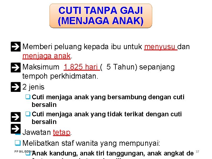 CUTI TANPA GAJI (MENJAGA ANAK) q Memberi peluang kepada ibu untuk menyusu dan menjaga