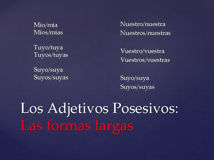 Mío/mía Míos/mías Tuyo/tuya Tuyos/tuyas Suyo/suya Suyos/suyas Nuestro/nuestra Nuestros/nuestras Vuestro/vuestra Vuestros/vuestras Suyo/suya Suyos/suyas Los Adjetivos