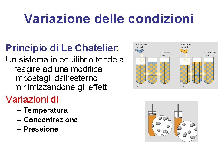 Variazione delle condizioni Principio di Le Chatelier: Un sistema in equilibrio tende a reagire