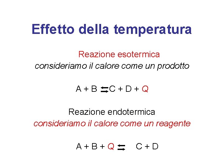 Effetto della temperatura Reazione esotermica consideriamo il calore come un prodotto A+B C+D+Q Reazione