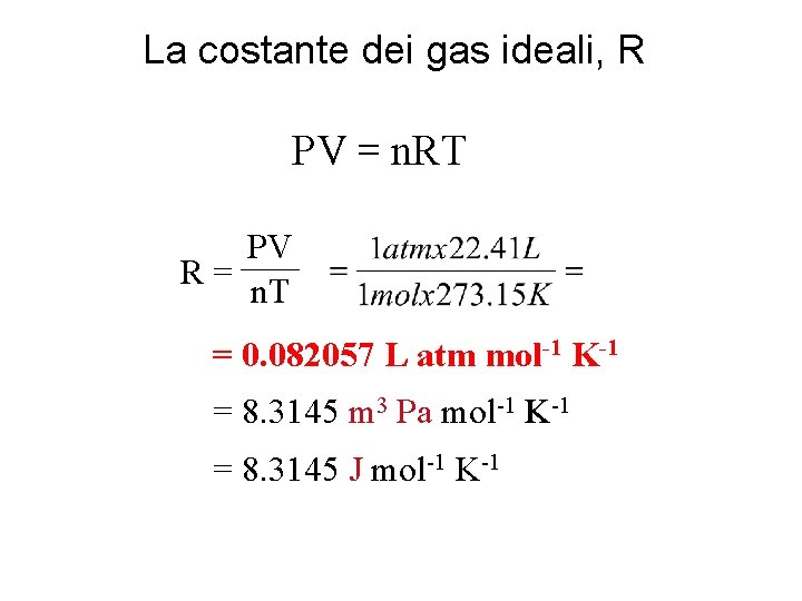 La costante dei gas ideali, R PV = n. RT PV R= n. T