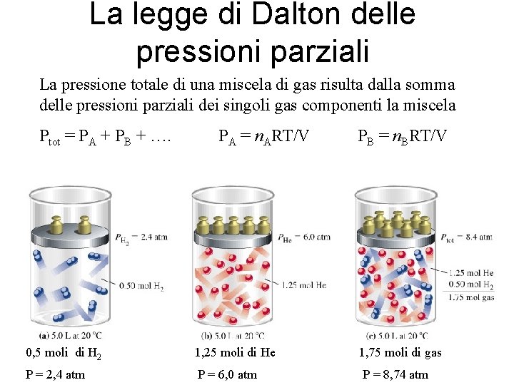La legge di Dalton delle pressioni parziali La pressione totale di una miscela di