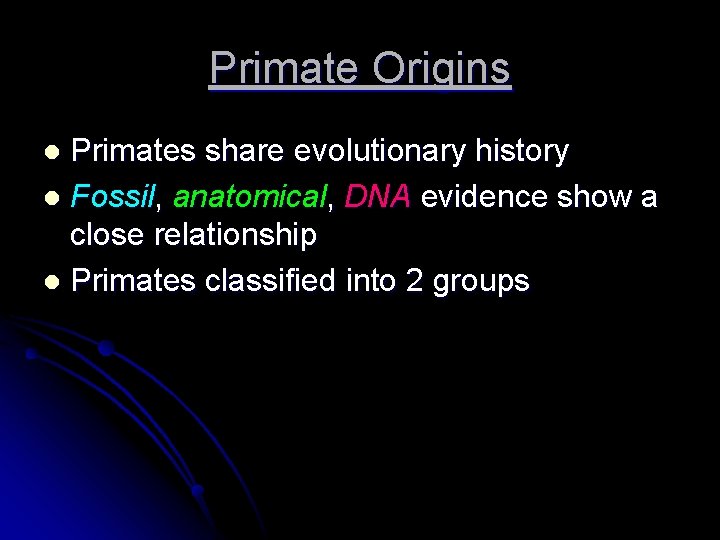 Primate Origins Primates share evolutionary history l Fossil, anatomical, DNA evidence show a close