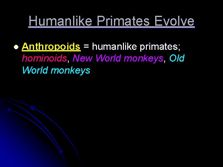 Humanlike Primates Evolve l Anthropoids = humanlike primates; hominoids, New World monkeys, Old World