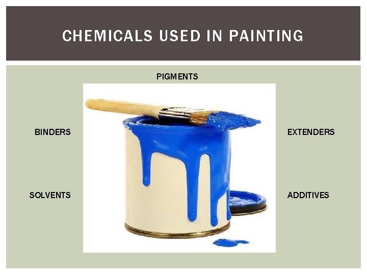 CHEMICALS USED IN PAINTING PIGMENTS BINDERS SOLVENTS EXTENDERS ADDITIVES 