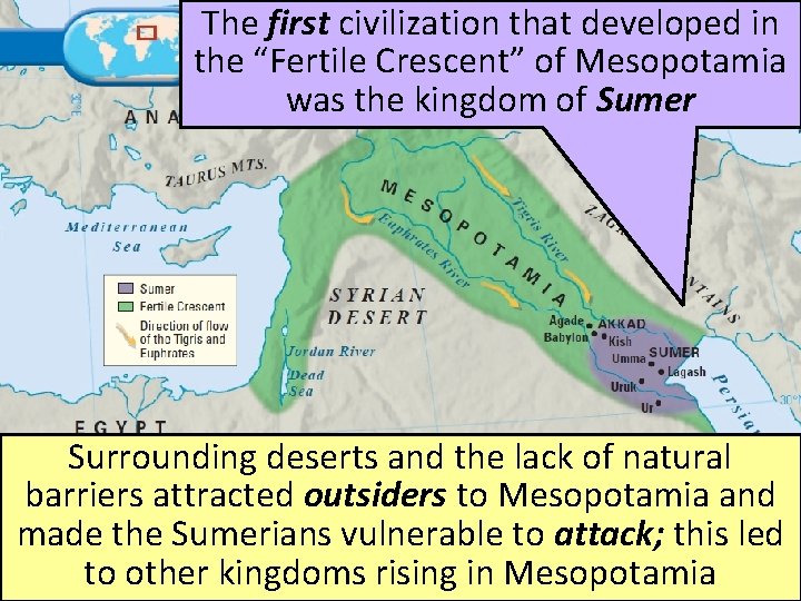 The first civilization that developed in the “Fertile Crescent” of Mesopotamia was the kingdom