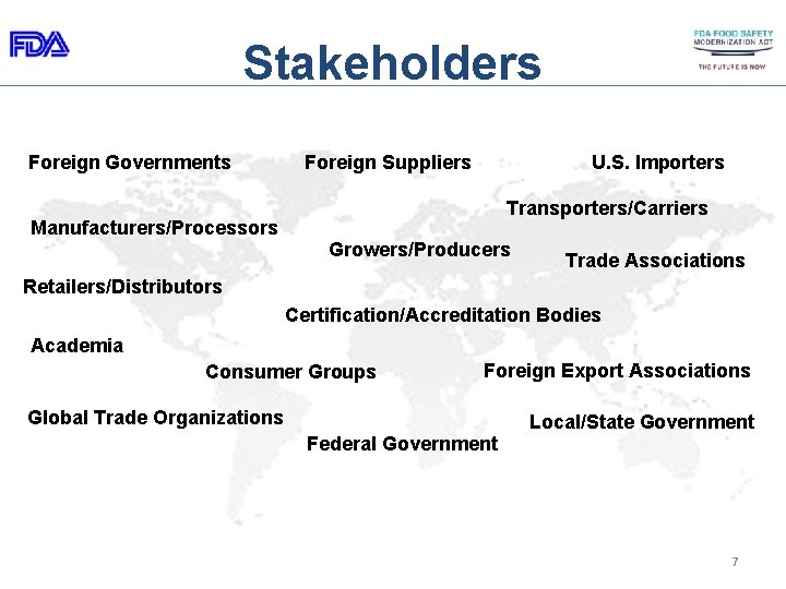 Stakeholders Foreign Governments Foreign Suppliers U. S. Importers Transporters/Carriers Manufacturers/Processors Growers/Producers Trade Associations Retailers/Distributors