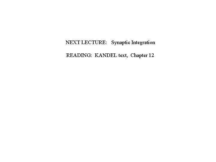 NEXT LECTURE: Synaptic Integration READING: KANDEL text, Chapter 12 